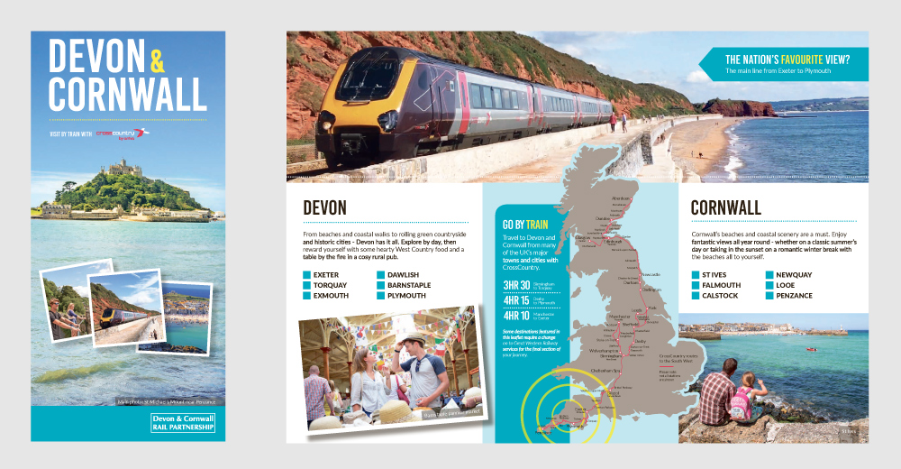 Front cover and inside spread of 'Devon & Cornwall - Visit by train with CrossCountry' leaflet