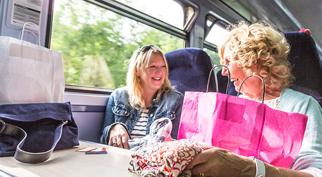 Passengers with shopping bags on train